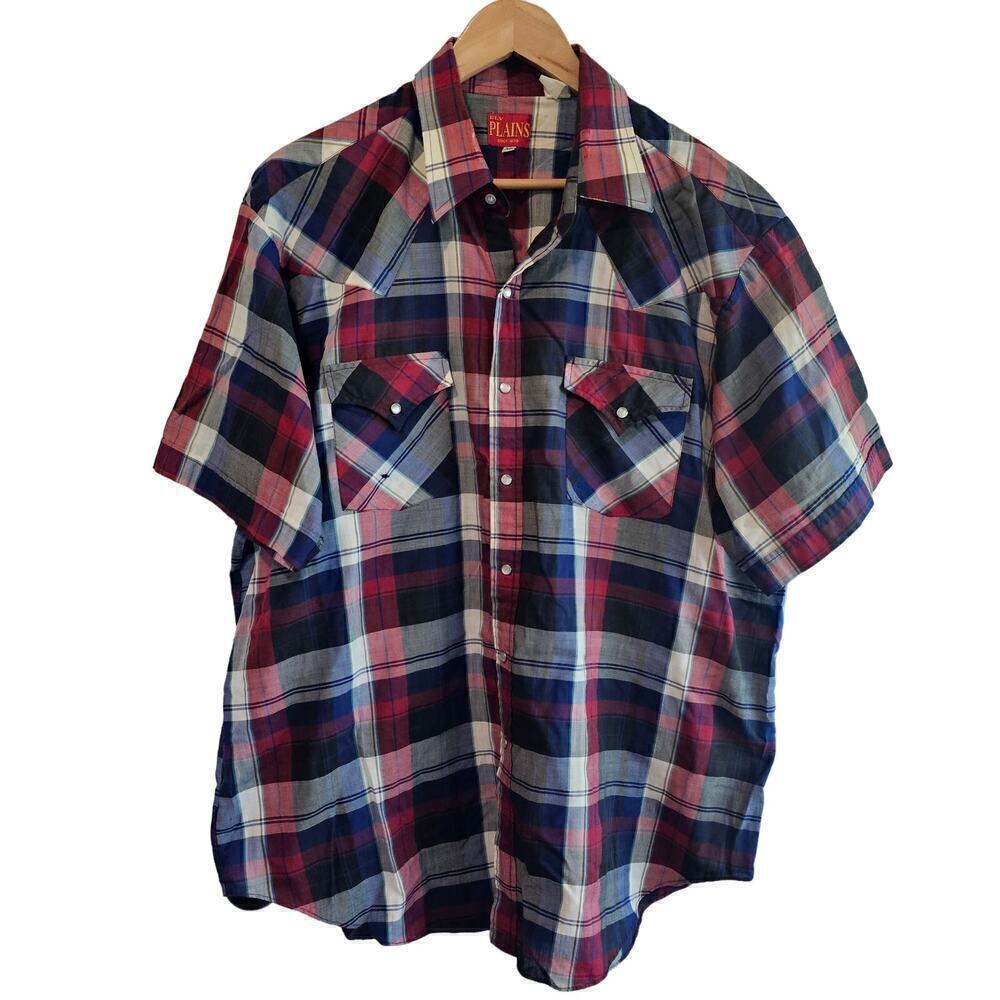 Vintage Ely Plains Mens XL Blue Red Plaid Short Sleeve 90s Pearl Snap Western